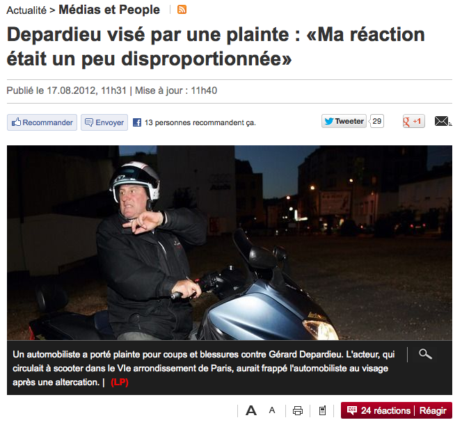 People : Depardieu frappe encore sur son scooter