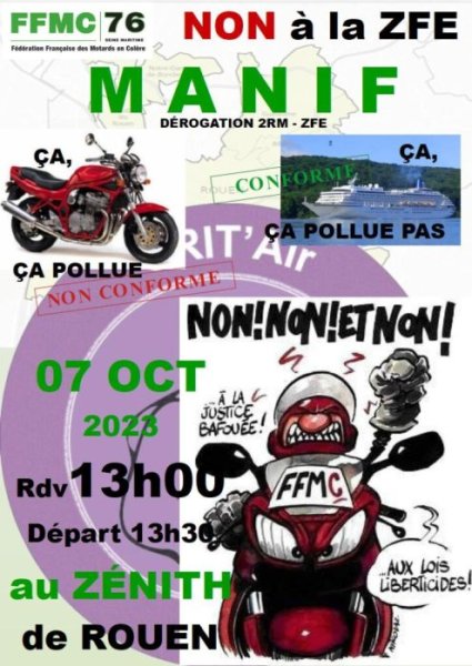 Manifestation FFMC 76 contre la ZFE-m de Rouen le 7 octobre 2023 {JPEG}